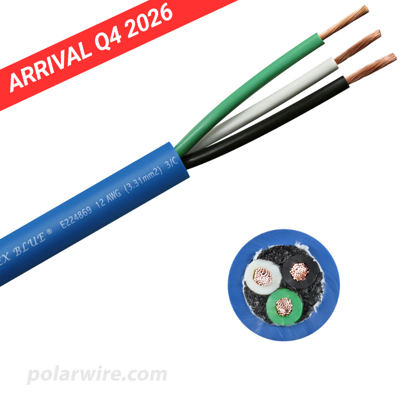 12 AWG 3 conductor Arctic Ultraflex Blue SEOOW Power Cord, 600 Volts, black, white, and green 100% copper conductors