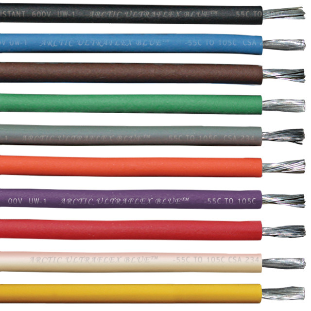 12 gauge Arctic Ultraflex Blue single conductor tinned copper wire is available in 10 jacket colors, black, blue, brown, green, gray, orange, purple, red, white, and yellow