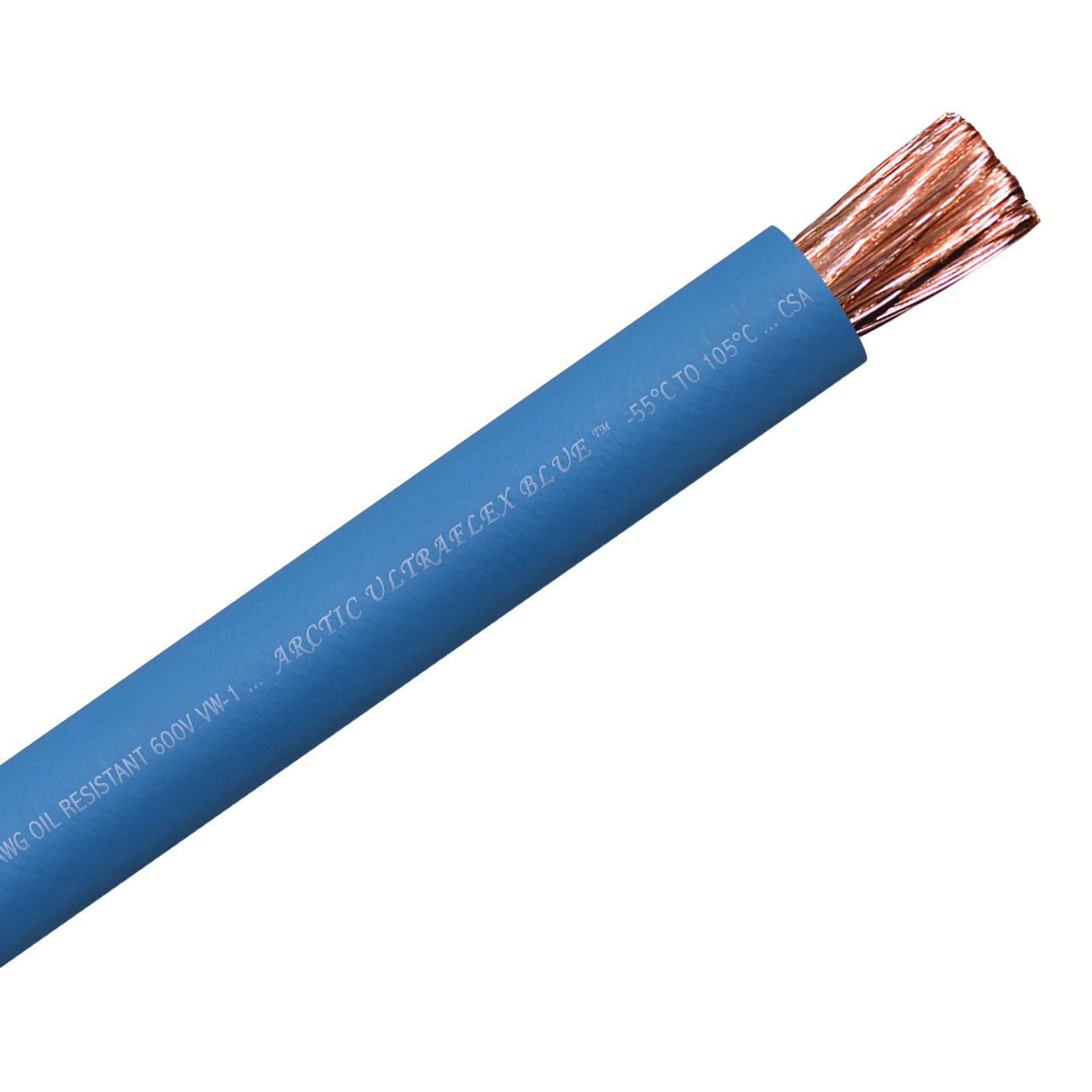 2/0 AWG blue 100% copper Arctic Ultraflex Blue flexible fine strand arctic grade wire is rated for use in extreme cold to -55C