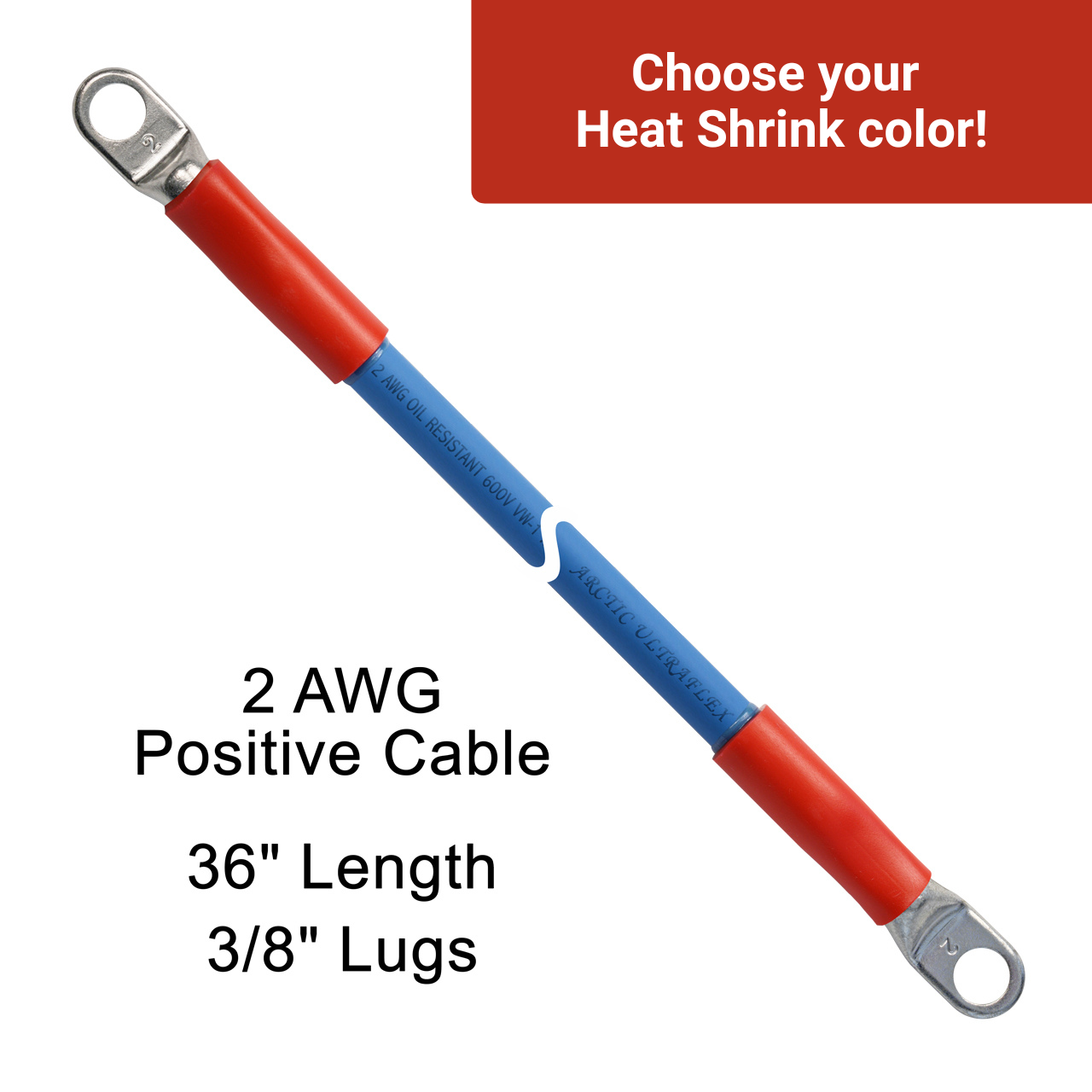 36" 2 AWG Arctic Ultraflex Blue Positive Battery Cable with 3/8" plated copper eyelet lugs and red dual wall adhesive lined heat shrink