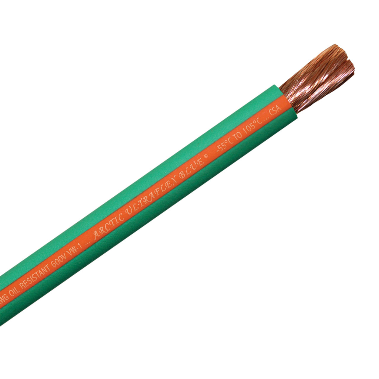 2 AWG green with orange stripe 100% copper Arctic Ultraflex Blue flexible fine strand arctic grade wire is rated for use in extreme cold to -55C