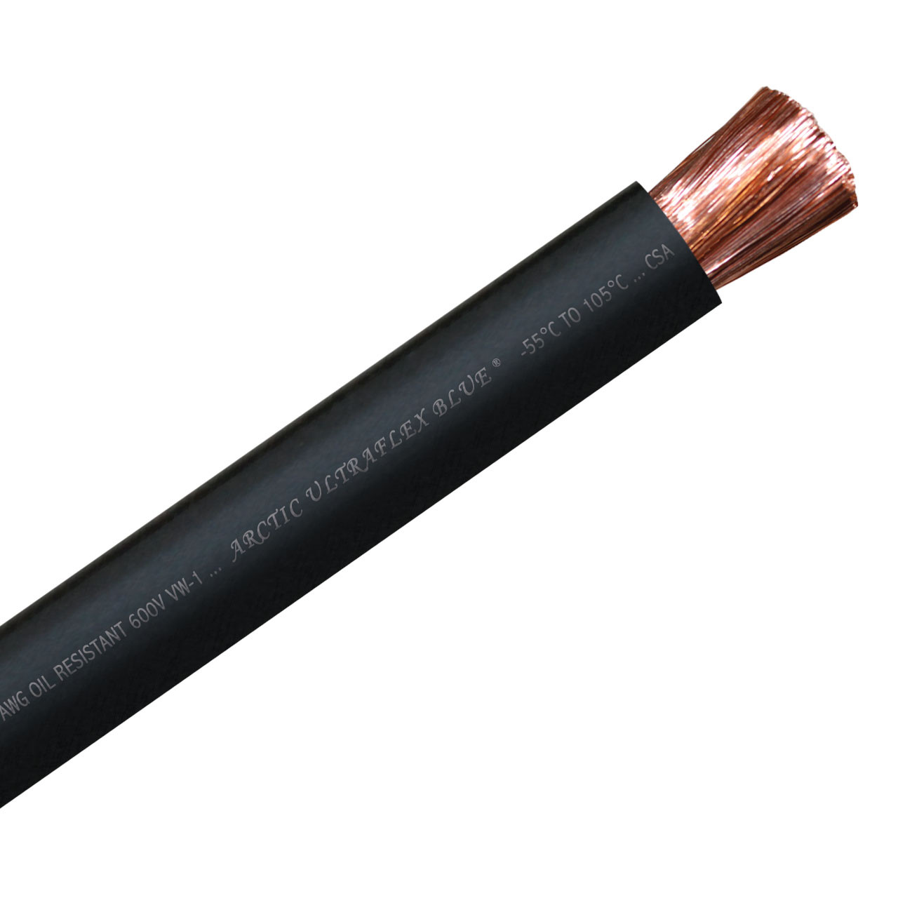 4/0 AWG black 100% copper Arctic Ultraflex Blue flexible fine strand arctic grade wire is rated for use in extreme cold to -55C