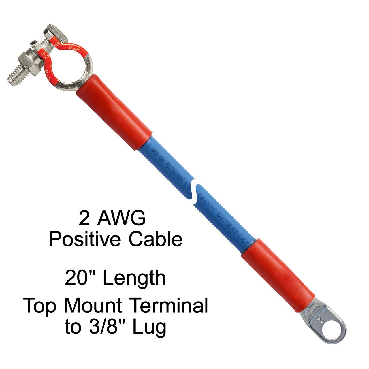 20" 2 AWG Positive Arctic Ultraflex Blue Battery Cable with Eco-max top mount battery terminal, 3/8" plated copper eyelet lug, and red dual wall adhesive lined heat shrink