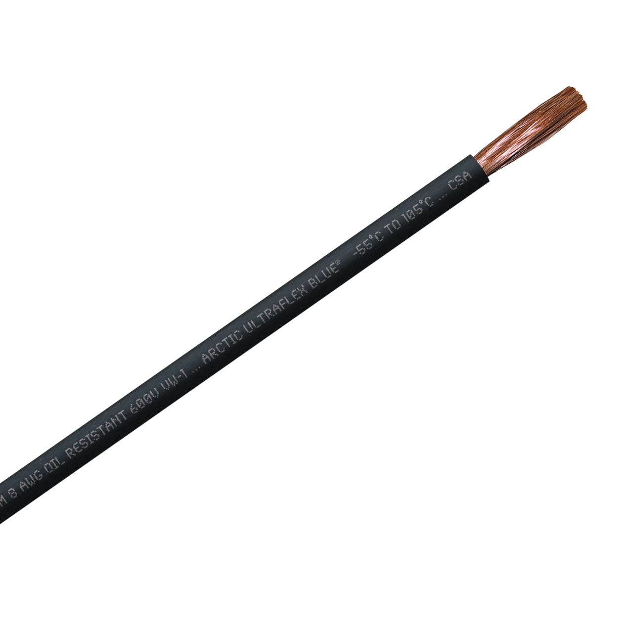8 AWG black 100% copper Arctic Ultraflex Blue flexible fine strand arctic grade wire is rated for use in extreme cold to -55C