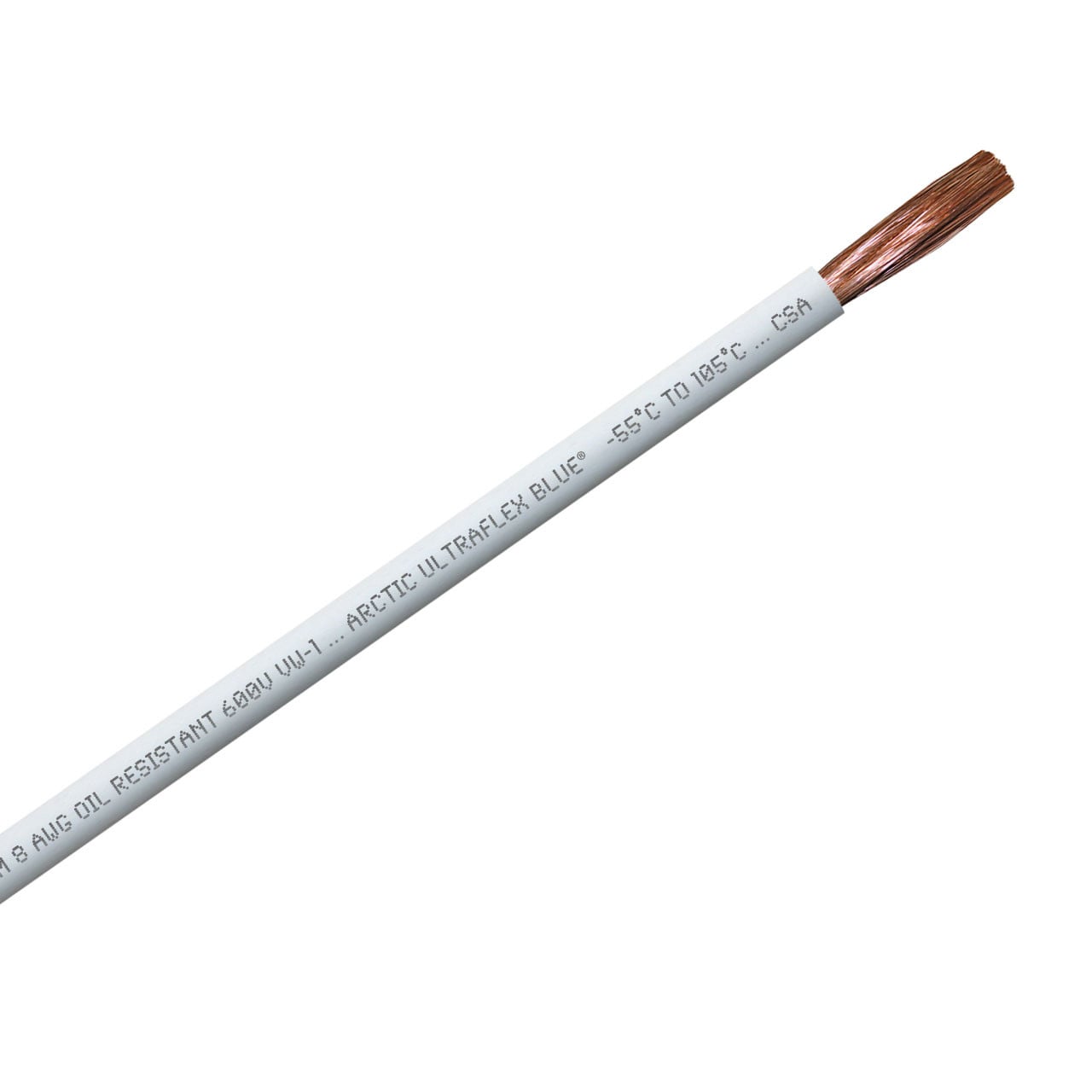 8 AWG white 100% copper Arctic Ultraflex Blue flexible fine strand arctic grade wire is rated for use in extreme cold to -55C