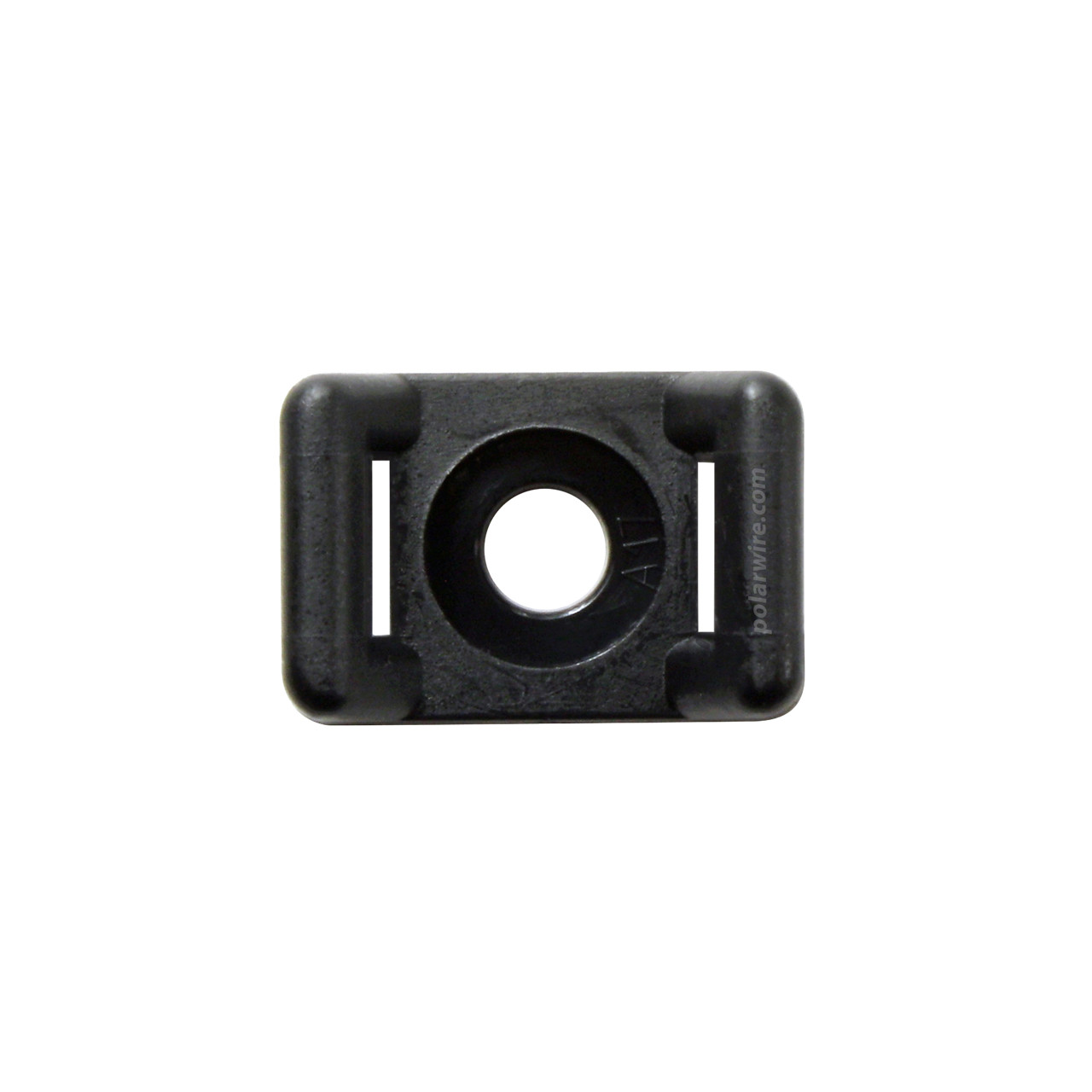 5/8 inch black UV resistant nylon 6.6 zip tie base saddle mount, screw applied, 18-50 pound pull strength
