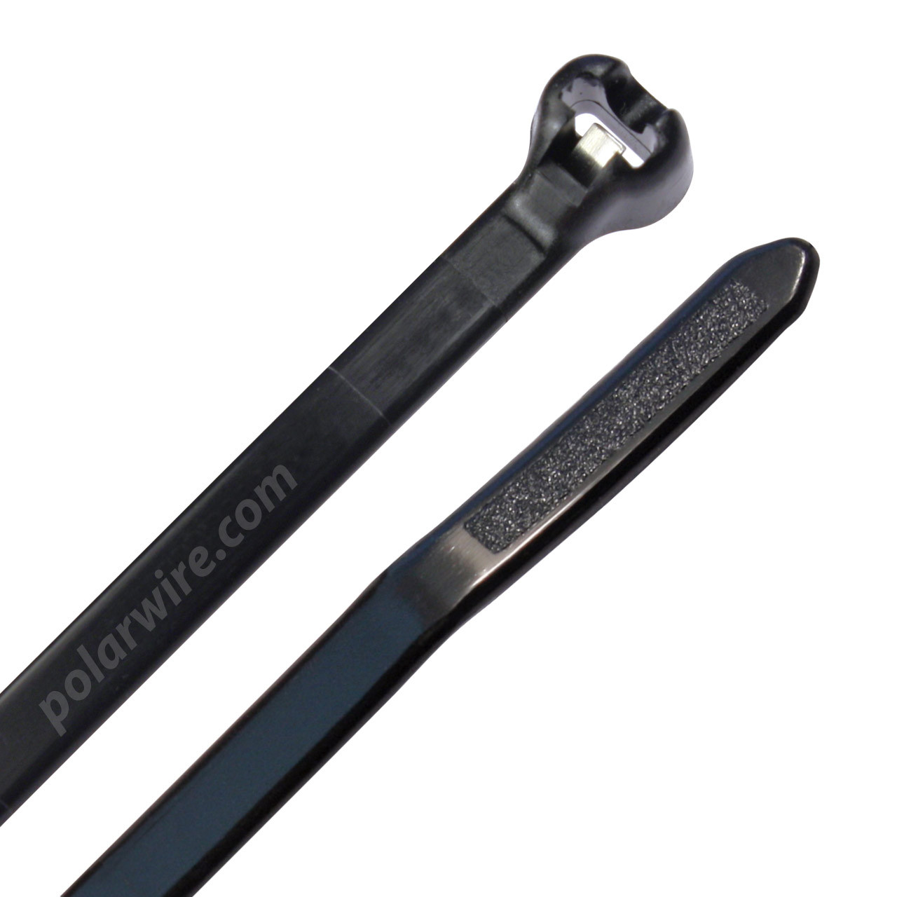 Black 11.3 inch UV resistant 6/6 nylon zip tie with steel locking barb, 40 lb tensile strength, 1000 per pack