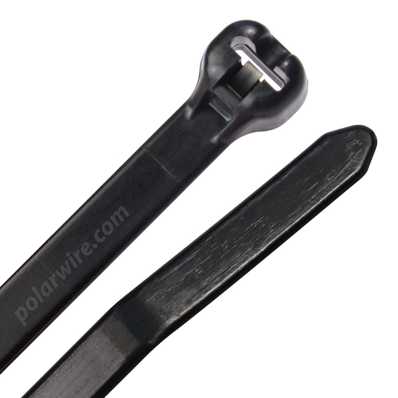 Black 8 inch UV resistant 6/6 nylon zip tie with steel locking barb, 50 lb tensile strength, 100 per pack