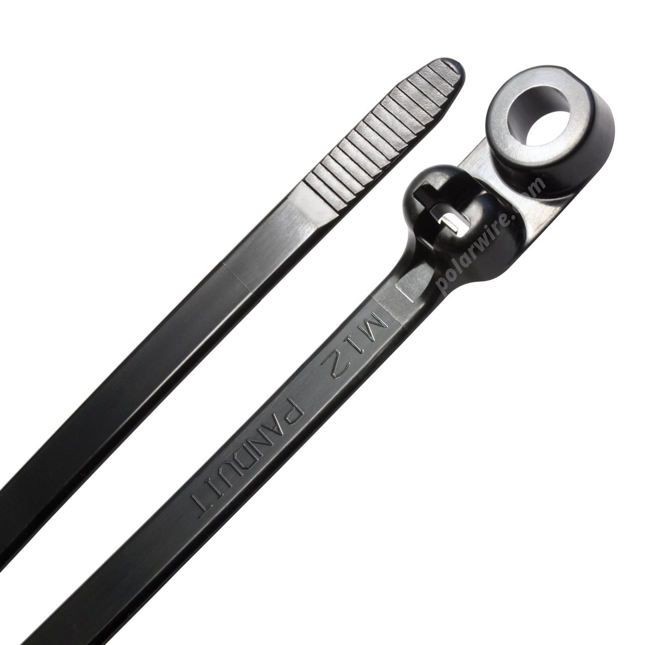 Black 15.5 inch UV resistant 6/6 nylon zip tie with 1/4 inch screw mount, 120 lb tensile strength, 100 per pack