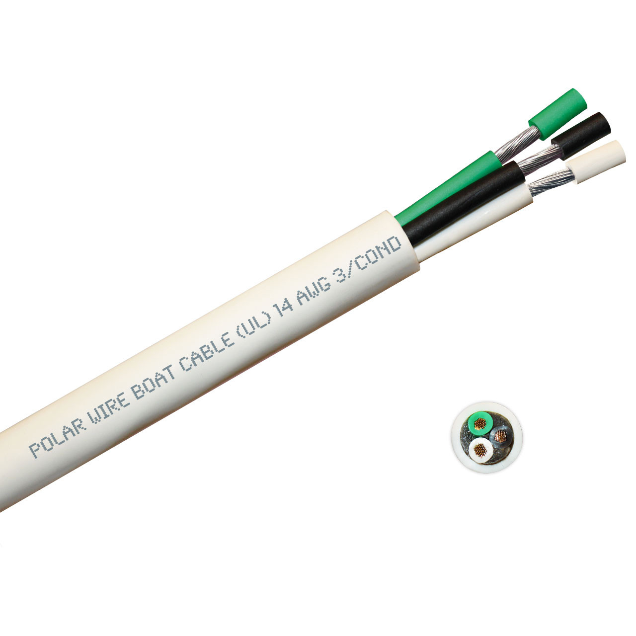 14 AWG 3 Conductor Round Boat Cable, 100 foot spool, black, white and green conductors