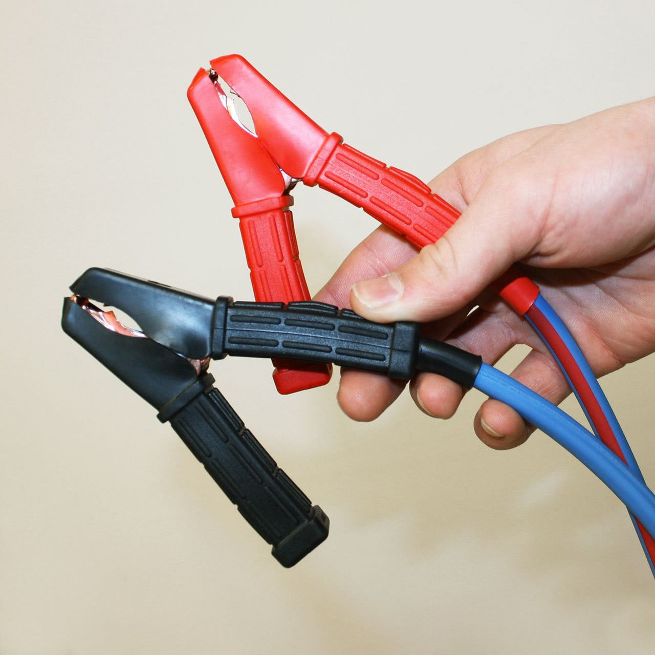 Recreational booster cables with red and black sturdy clamps
