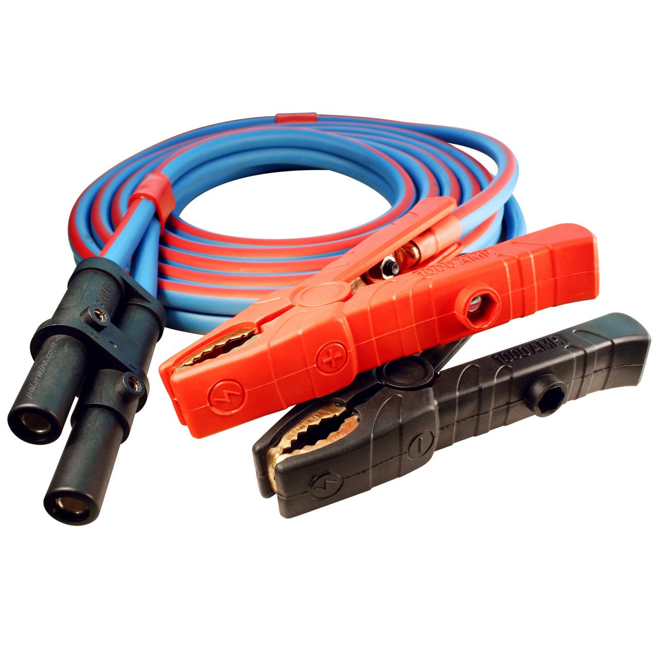 15 foot 1/0 gauge Arctic super flex blue Jump Start cable with J1238 plug and 1000 amp copper clamps for heavy equipment and auxiliary starter systems