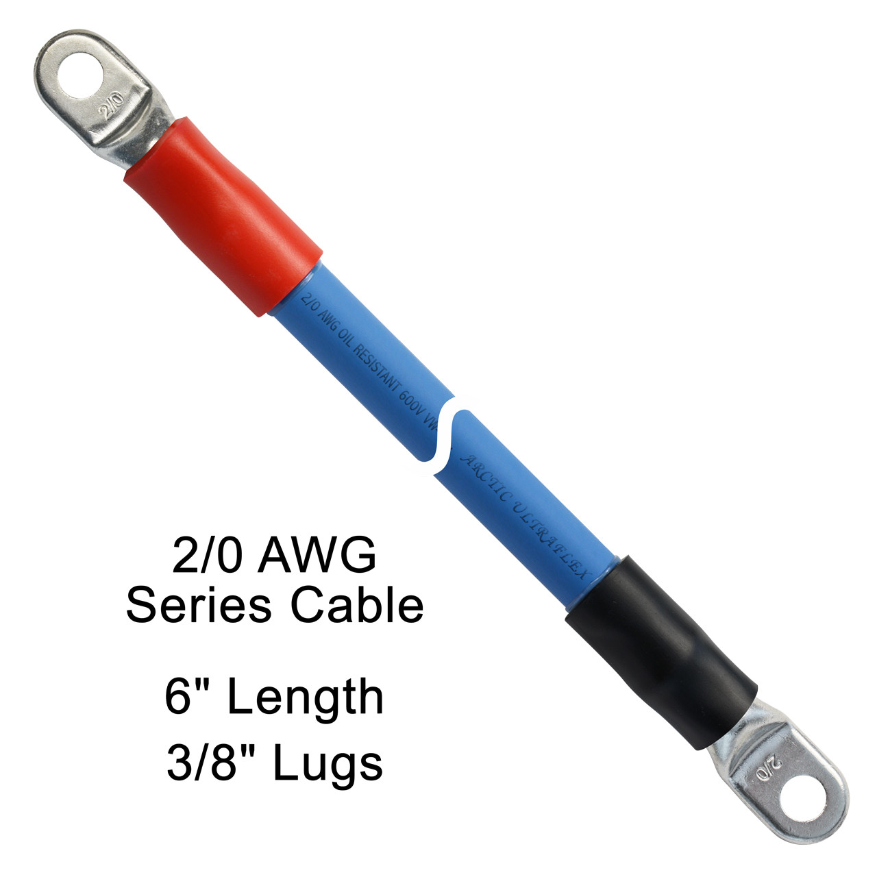 6" 2/0 AWG Arctic Ultraflex Blue Series Battery Cable with 3/8" plated copper eyelet lugs, and black and red heavy wall adhesive lined heat shrink