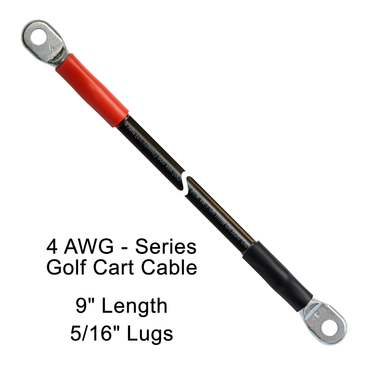 9 inch replacement Golf Cart Cable built with 4 AWG THHW 100% copper Flexible Fine Strand Battery Cable Wire, series positive to negative, 5/16 inch plated copper lugs and dual wall adhesive lined heat shrink