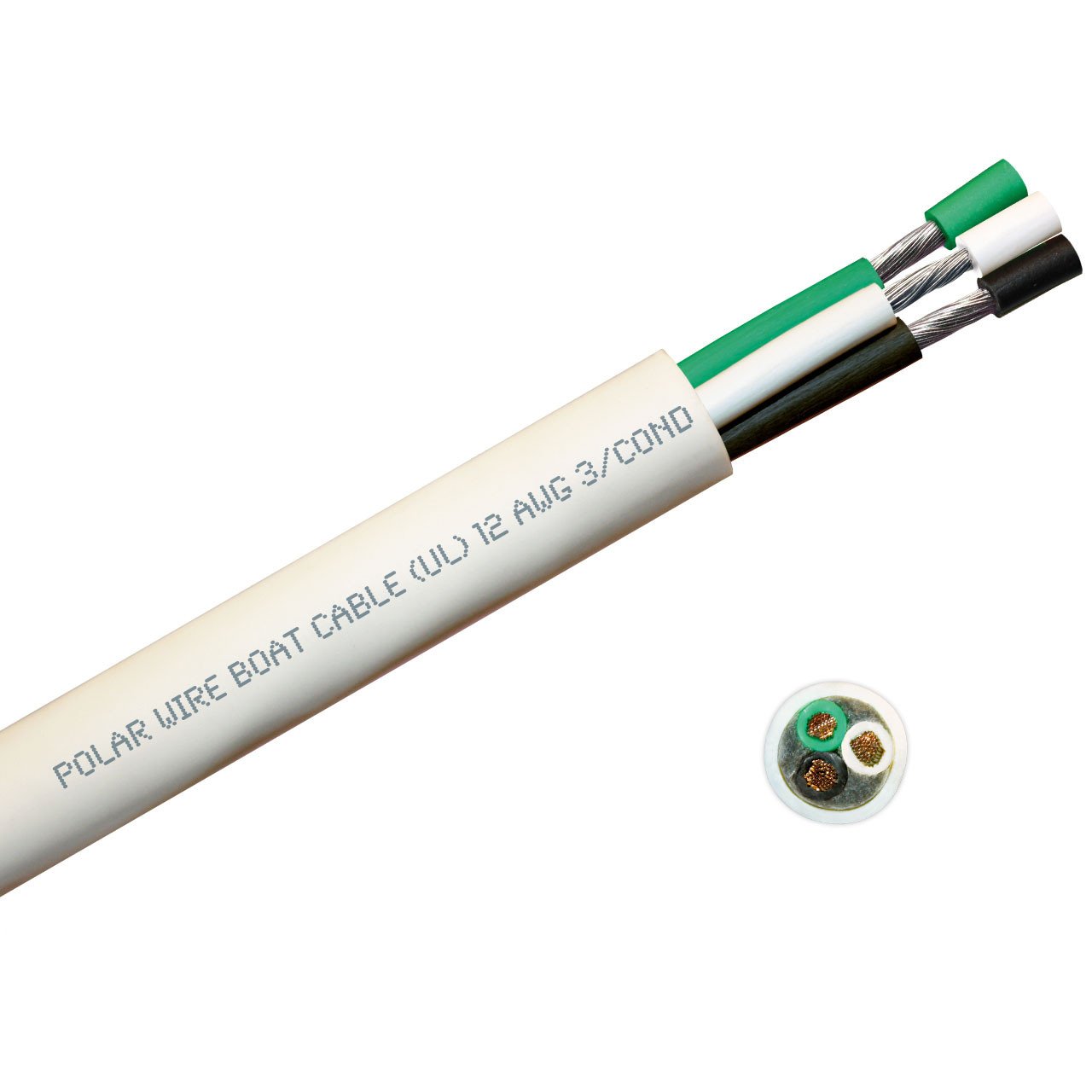 12 AWG round triplex marine grade tinned copper bc5w2 boat cable features ultra flexible Class K fine copper stranding for flexibility and conductivity, exceeds ABYC standards, UL Listed, CSA Certified