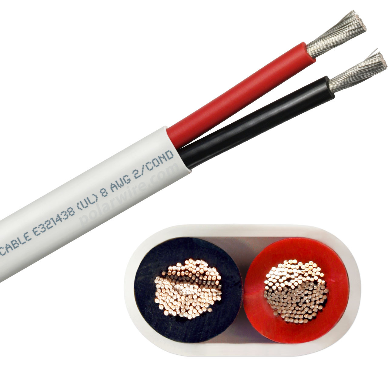 8 AWG flat red and black dc duplex marine grade tinned copper bc5w2 boat cable features ultra flexible Class K fine copper stranding for flexibility and conductivity, exceeds ABYC standards, UL Listed, CSA Certified