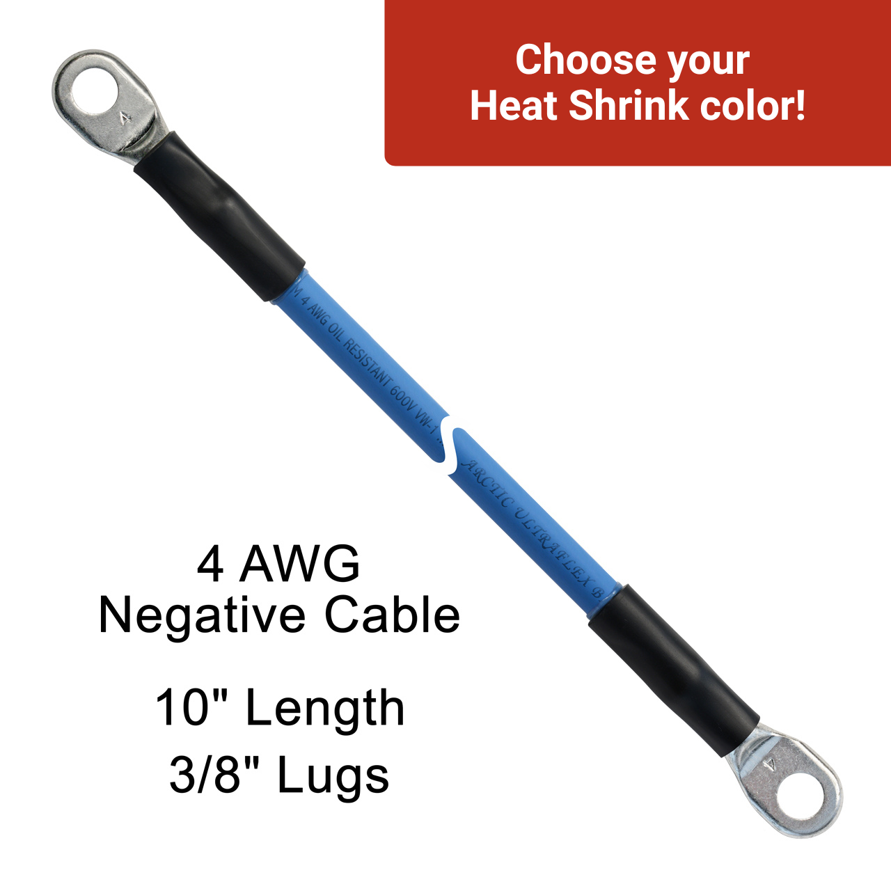 10" 4 AWG Arctic Ultraflex Blue Negative Battery Cable with 3/8" plated copper eyelet lugs and red dual wall adhesive lined heat shrink