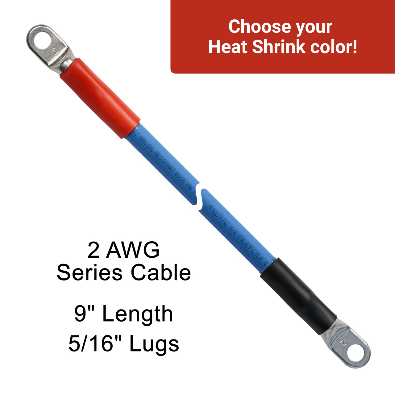 9" 2 AWG Arctic Ultraflex Blue Series Battery Cable with 5/16" plated copper eyelet lugs and black and red heavy wall adhesive lined heat shrink