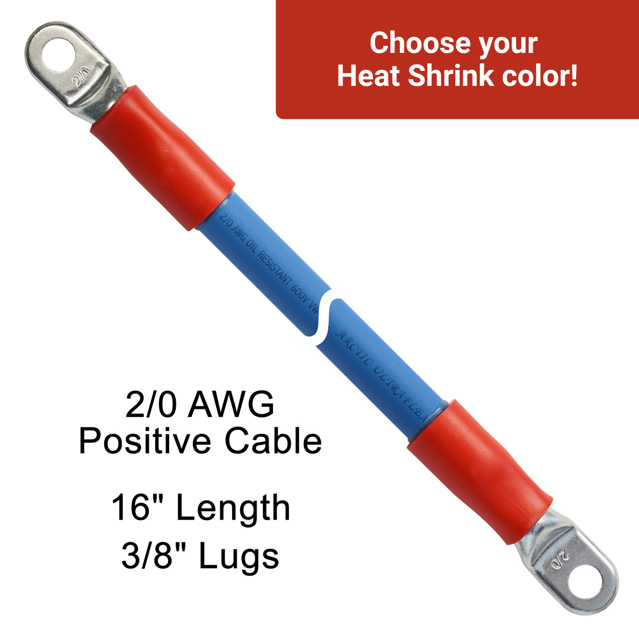 16" 2/0 AWG Arctic Ultraflex Blue Positive Battery Cable with 3/8" plated copper eyelet lugs and red dual wall adhesive lined heat shrink