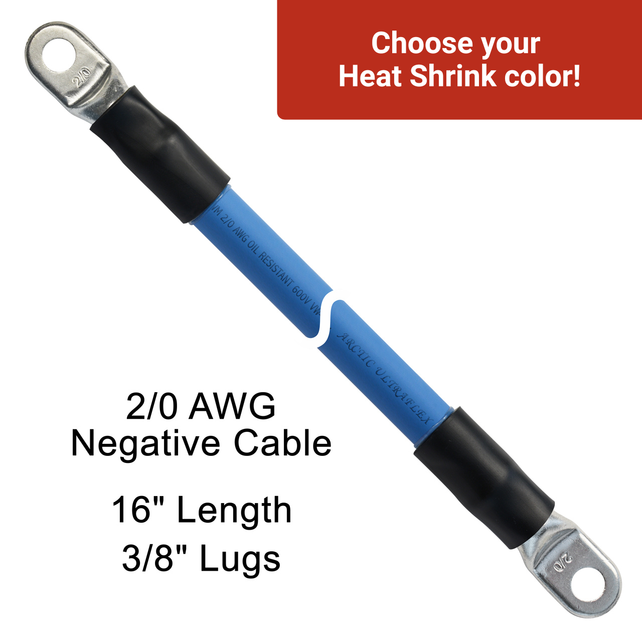 16" 2/0 AWG Arctic Ultraflex Blue Negative Battery Cable with 3/8" plated copper eyelet lugs and red dual wall adhesive lined heat shrink