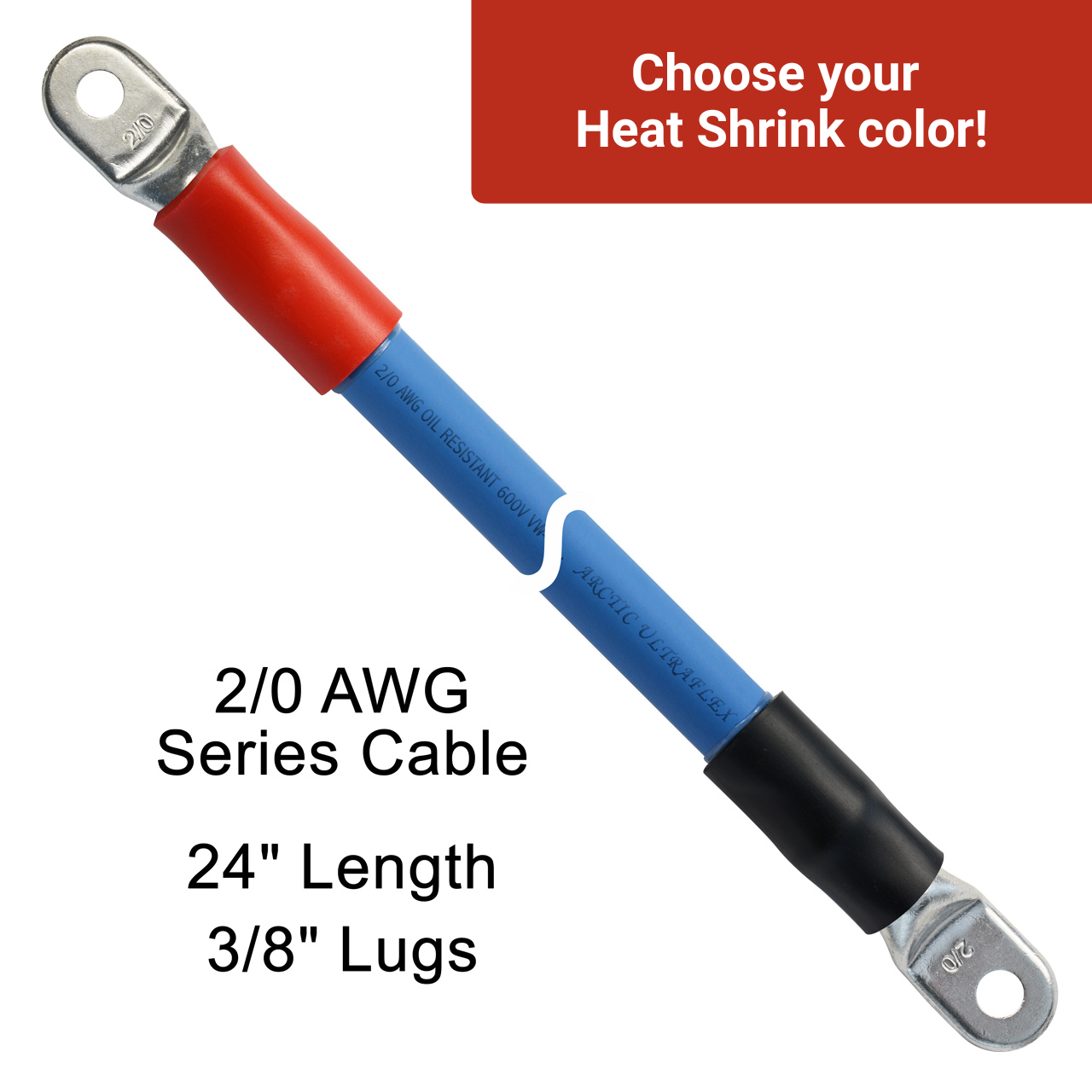 24" 2/0 AWG Arctic Ultraflex Blue Series Battery Cable with 3/8" plated copper eyelet lugs and red heavy wall adhesive lined heat shrink