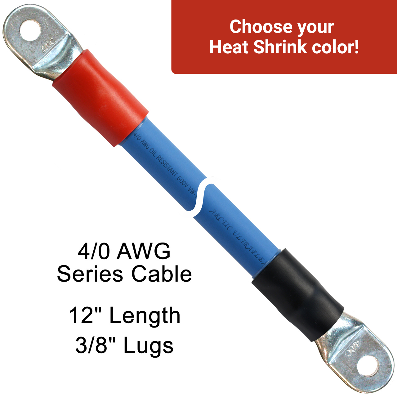12" 4/0 AWG Arctic Ultraflex Blue Series Battery Cable with 3/8" plated copper eyelet lugs and red dual wall adhesive lined heat shrink