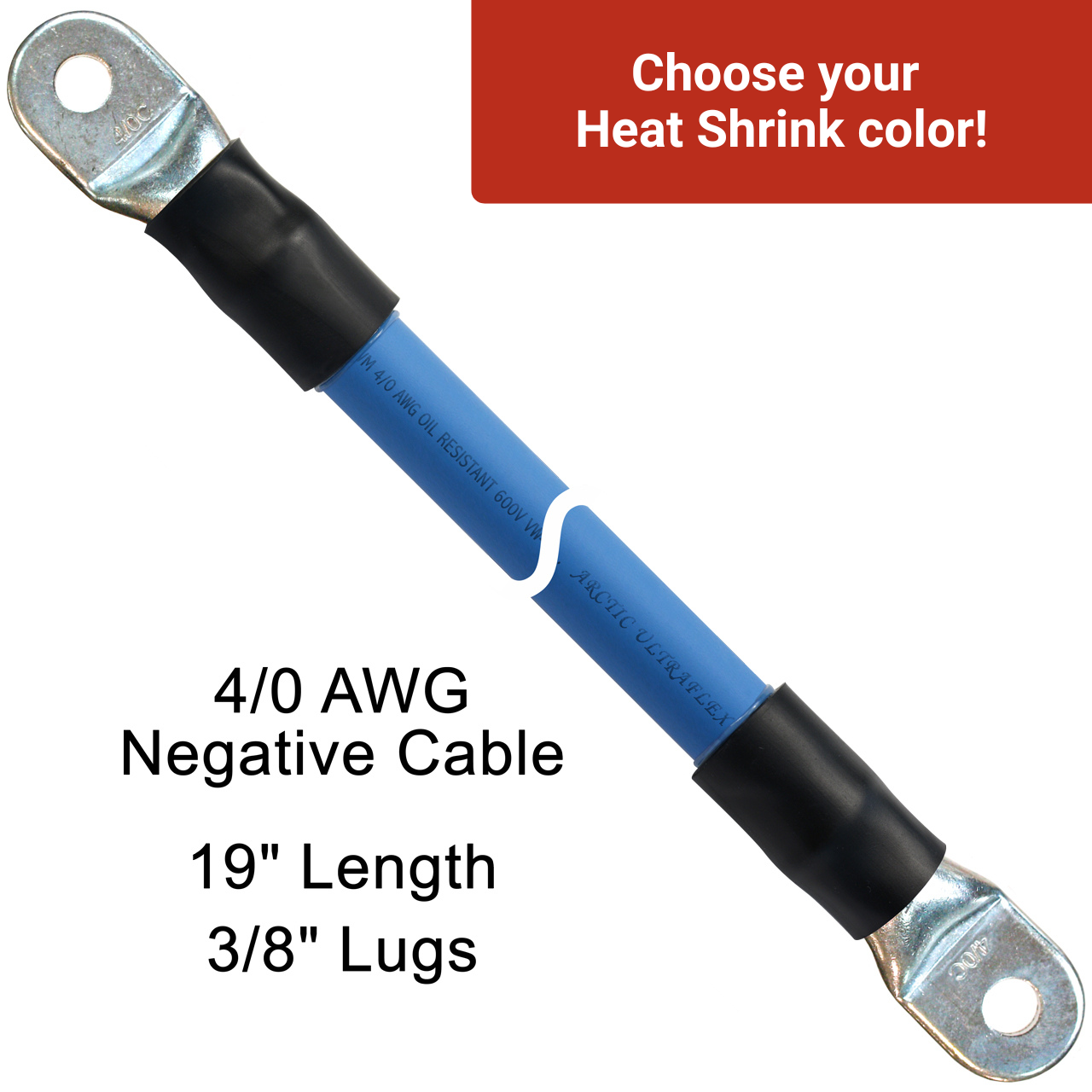19" 4/0 AWG Arctic Ultraflex Blue Negative Battery Cable with 3/8" plated copper eyelet lugs and red dual wall adhesive lined heat shrink
