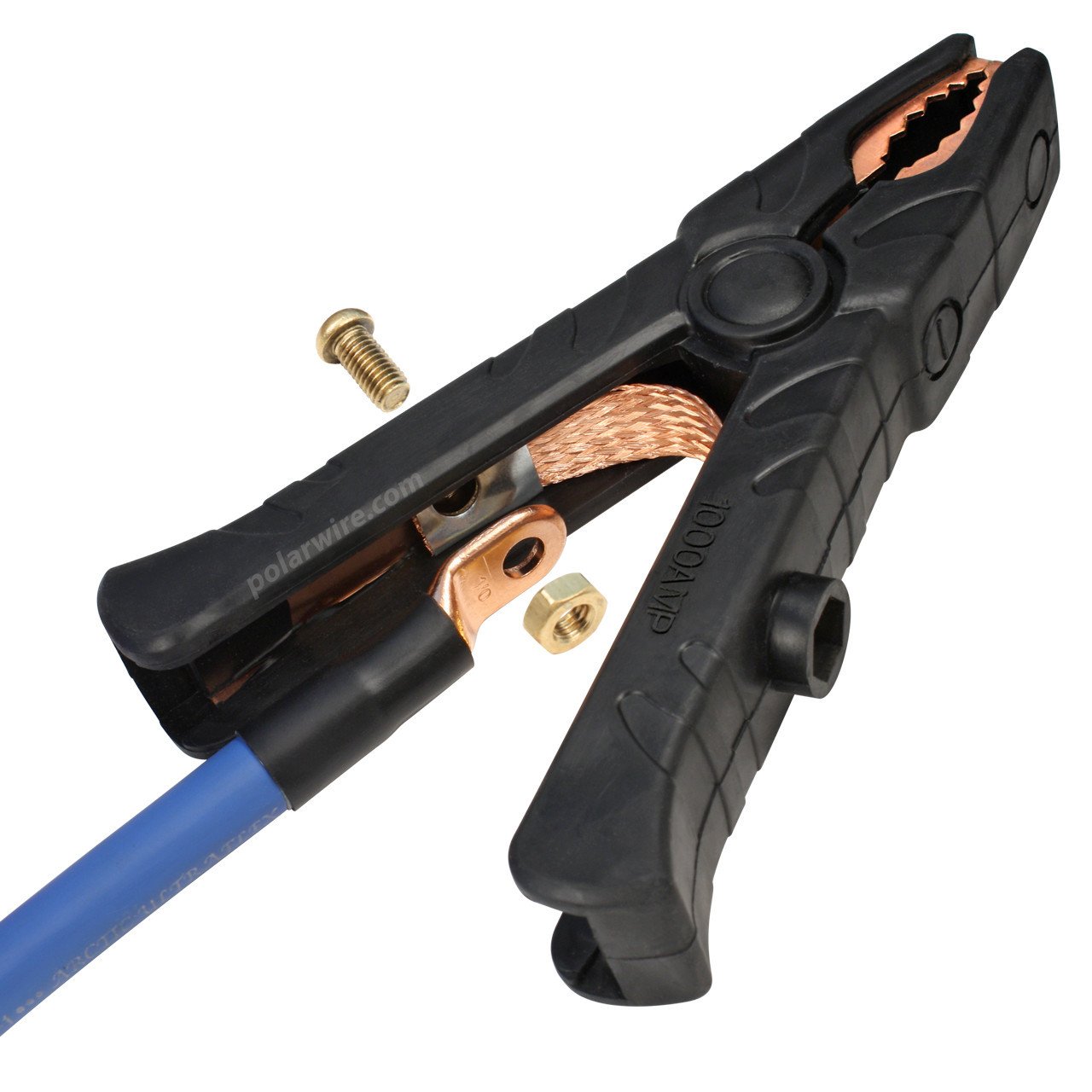 Braided copper bonding strap supplies power to both jaws for better amperage; 1000 amp copper replacement jumper cable clamp