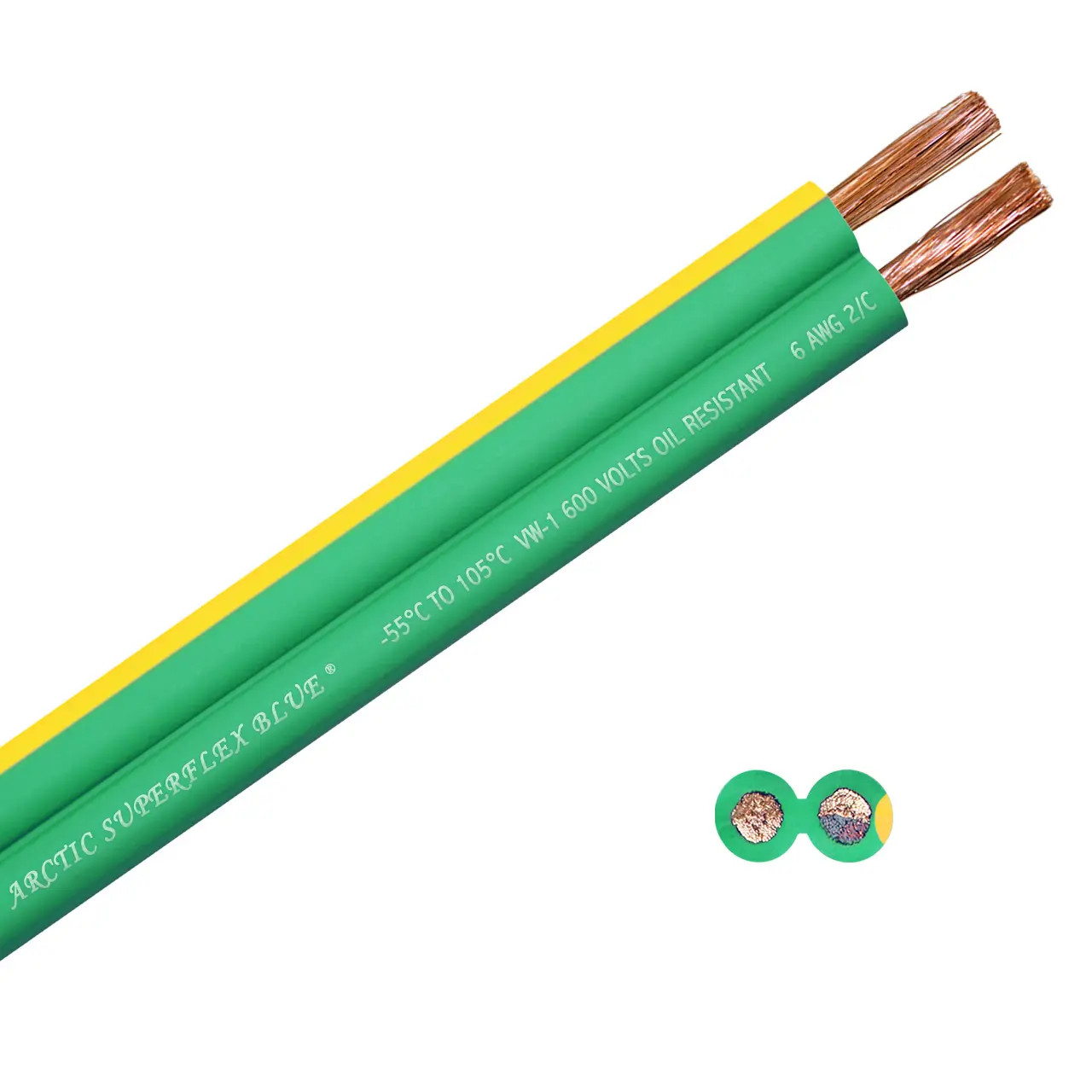 Arctic Superflex Blue® 6 gauge wire in green/yellow color - 100% copper fine strand twin conductors