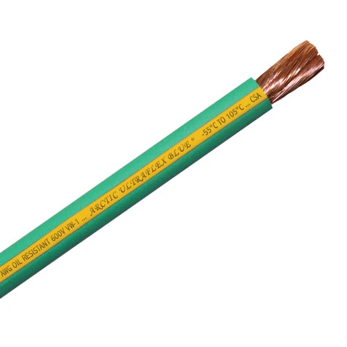2 AWG green with yellow stripe 100% copper Arctic Ultraflex Blue flexible fine strand arctic grade wire is rated for use in extreme cold to -55C