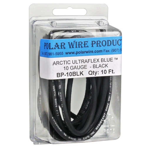 10 AWG Black Arctic Ultraflex Blue 10 foot bubble pack, 100% copper fine strand tinned wire rated to -55C