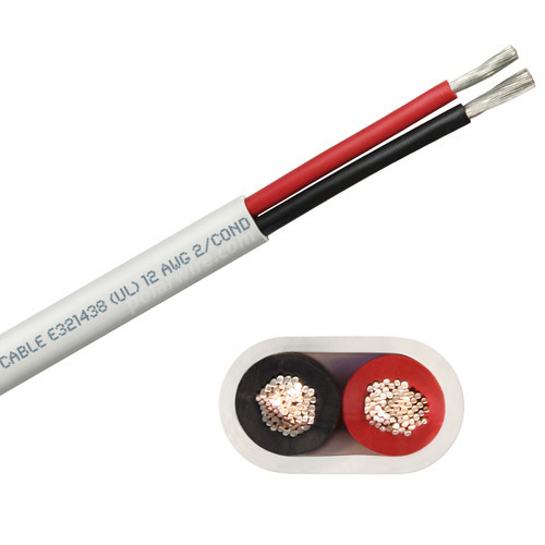 12 AWG flat red and black dc duplex marine grade tinned copper bc5w2 boat cable features ultra flexible Class K fine copper stranding for flexibility and conductivity, exceeds ABYC standards, UL Listed, CSA Certified