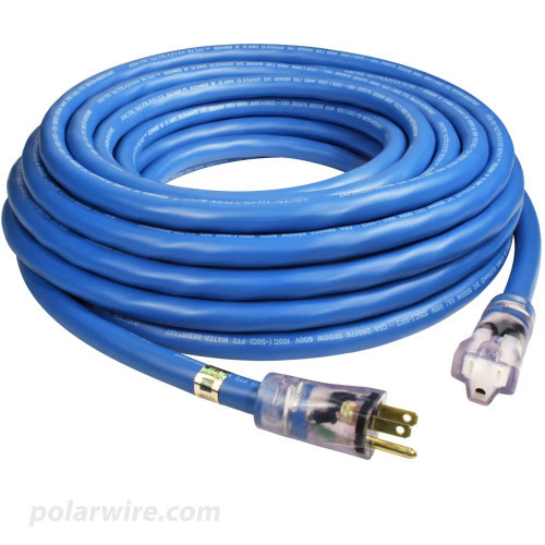 25 foot 12 gauge Arctic Ultraflex Blue extension cord, single outlet, molded clear NEMA 5-15 lighted ends