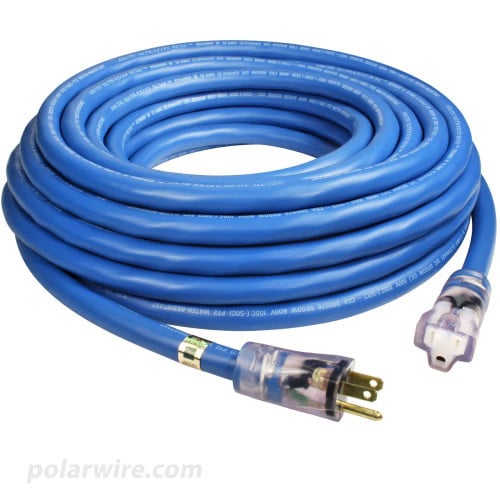 50 foot 12 gauge Arctic Ultraflex Blue extension cord, single outlet, molded clear NEMA 5-15 lighted ends
