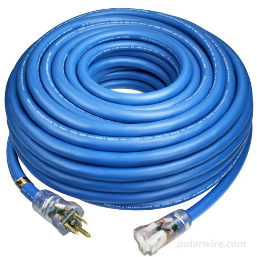 100 foot 12 gauge Arctic Ultraflex Blue extension cord, single outlet, molded clear NEMA 5-15 lighted ends