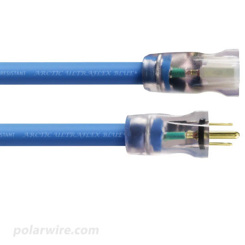 Arctic Ultraflex Blue cords with steel retaining rings crimped to the cord and molded into the NEMA 5-15 ends