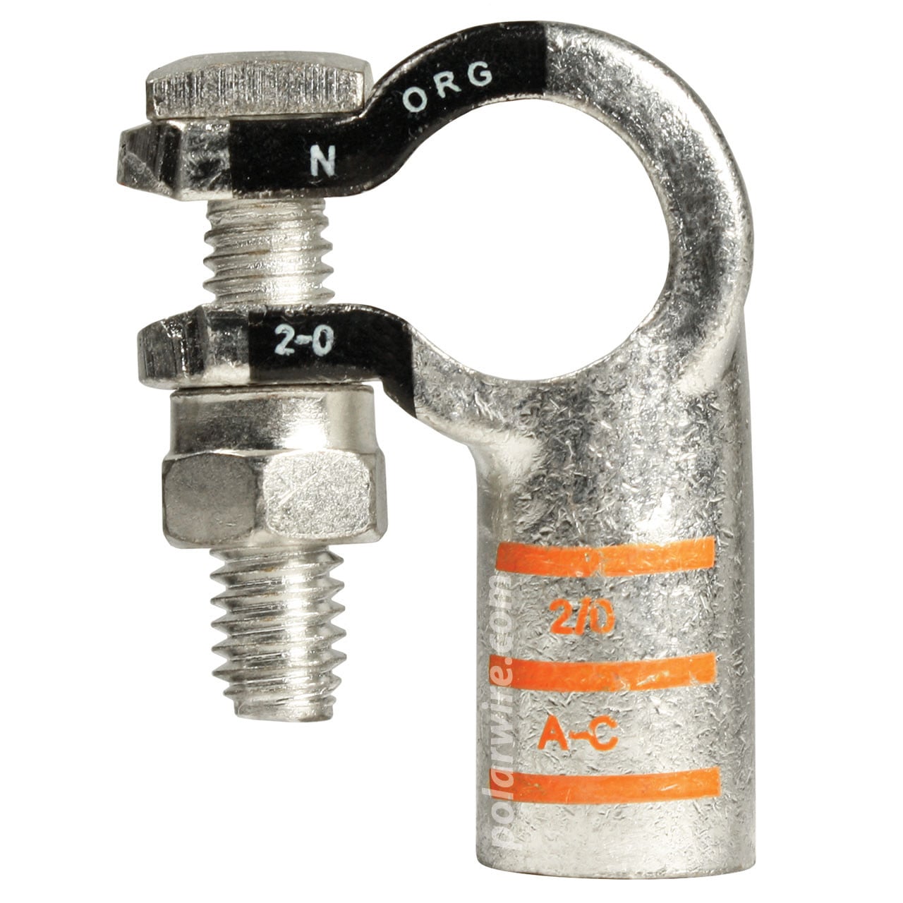 2/0 AWG Eco-Max® 100% Copper Negative Left Elbow Top Mount Plated Solderless Battery Terminal