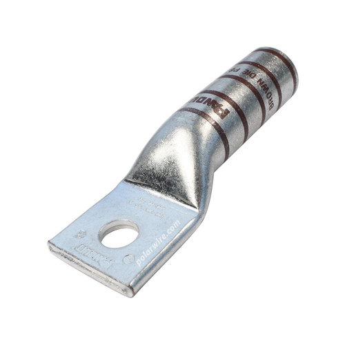 500 MCM code long barrel heavy duty compression lug, 1/2 inch stud, high strength, highly conductive electrolytic tin plated copper