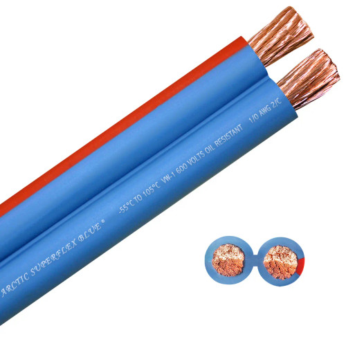 1/0 AWG Arctic Superflex Blue is a highly flexible, fine stranded, double conductor copper wire with a tough, abrasion and chemical resistant jacket