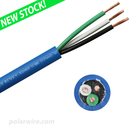 12 AWG 3 conductor Arctic Ultraflex Blue SEOOW Power Cord, 600 Volts, black, white, and green 100% copper conductors