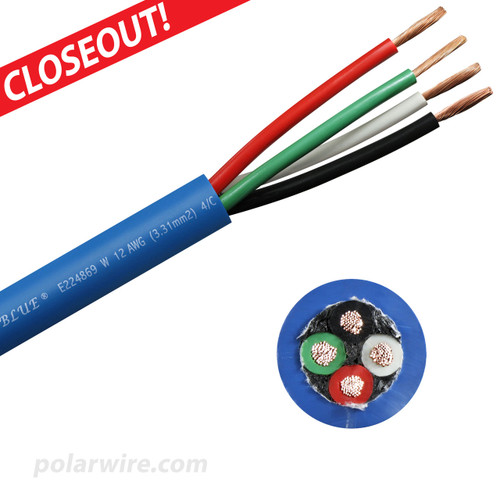 12 AWG 4 conductor Arctic Ultraflex Blue SEOOW Power Cord, 600 Volts, black, white, red, and green 100% copper conductors