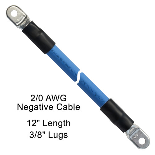 12" 2/0 AWG negative Arctic Ultraflex Blue Battery Cable with 3/8" plated copper eyelet lugs and black heavy wall adhesive lined heat shrink