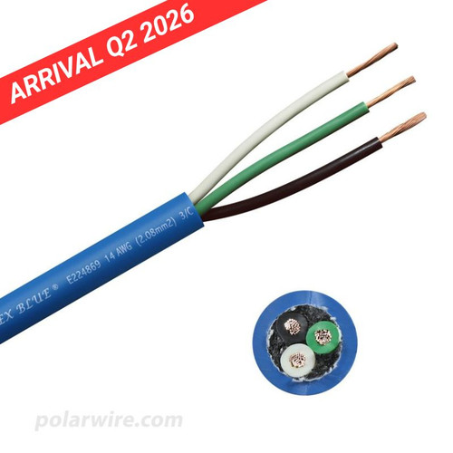 14 AWG 3 conductor Arctic Ultraflex Blue SEOOW Power Cord, 600 Volts, black, white, and green 100% copper conductors