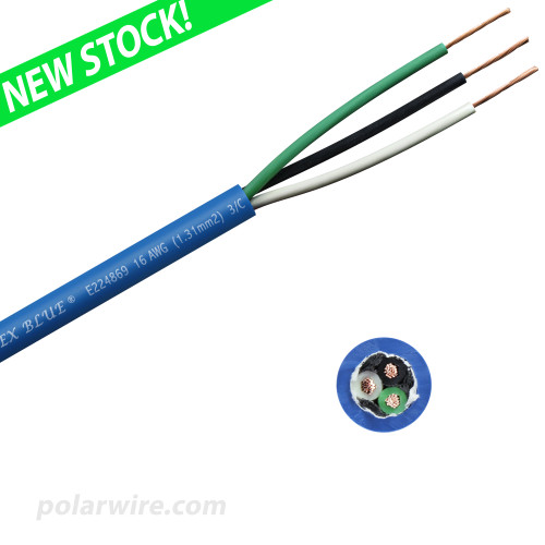 16 AWG 3 conductor Arctic Ultraflex Blue SEOOW Power Cord, 600 Volts, black, white, and green 100% copper conductors