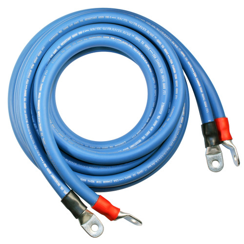 96" 4/0 AWG Arctic Ultraflex Blue Positive and Negative Inverter Cable pair with 3/8" plated copper eyelet lugs and black and red heavy wall adhesive lined heat shrink