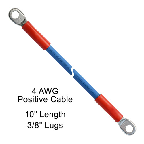 10" 4 AWG Arctic Ultraflex Blue Positive Battery Cable with 3/8" plated copper eyelet lugs and red dual wall adhesive lined heat shrink