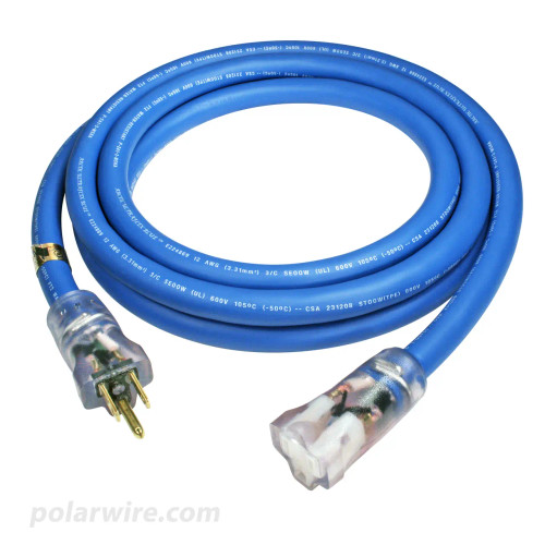 10 foot 12 gauge Arctic Ultraflex Blue extension cord single outlet power cord with molded clear NEMA 5-15 lighted ends