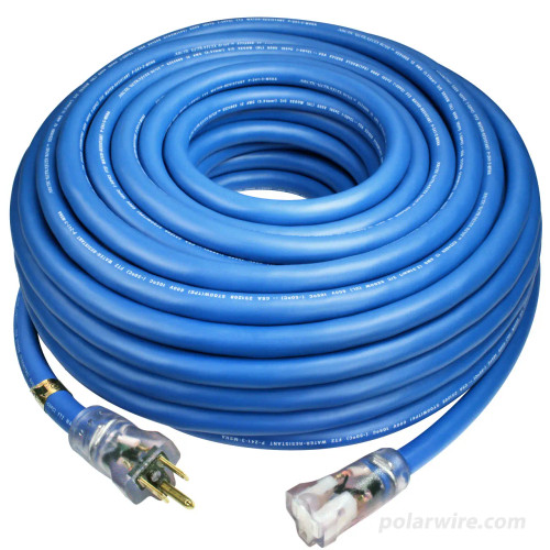 100 foot 12 gauge Arctic Ultraflex Blue extension cord single outlet power cord with molded clear NEMA 5-15 lighted ends