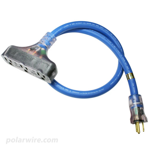 3 foot 12 gauge Arctic Ultraflex Blue extension cord t-style triple outlet pigtail power cord