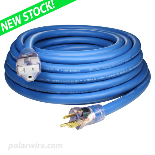 50 foot 10 gauge 20 amp Arctic Ultraflex Blue power extension cord, 100% copper, heavy duty, ultra flexible even in extreme cold, easy to roll and handle